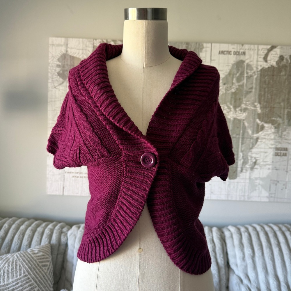 Derek Heart Burgundy Cable Knit Short Sleeve Button Front Cardigan Sweater M